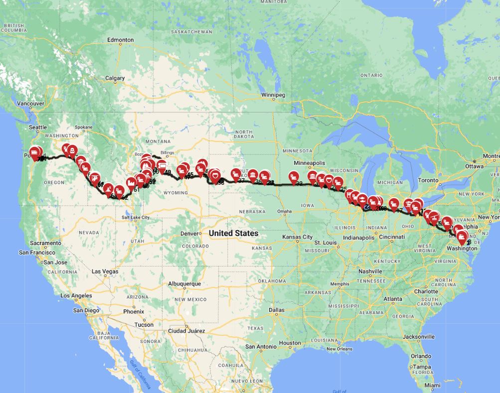 USA RV trip planner Washington DC to Portland motorhome route plan